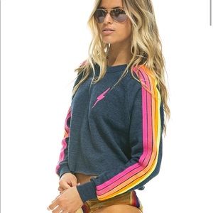 Aviator Nation BOLT CLASSIC CROPPED CREW SWEATSHIRT-HEATHER NAVY/NEON STRIPES